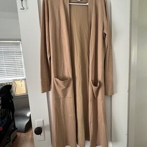 Long Tan Open Cardigan with Pockets